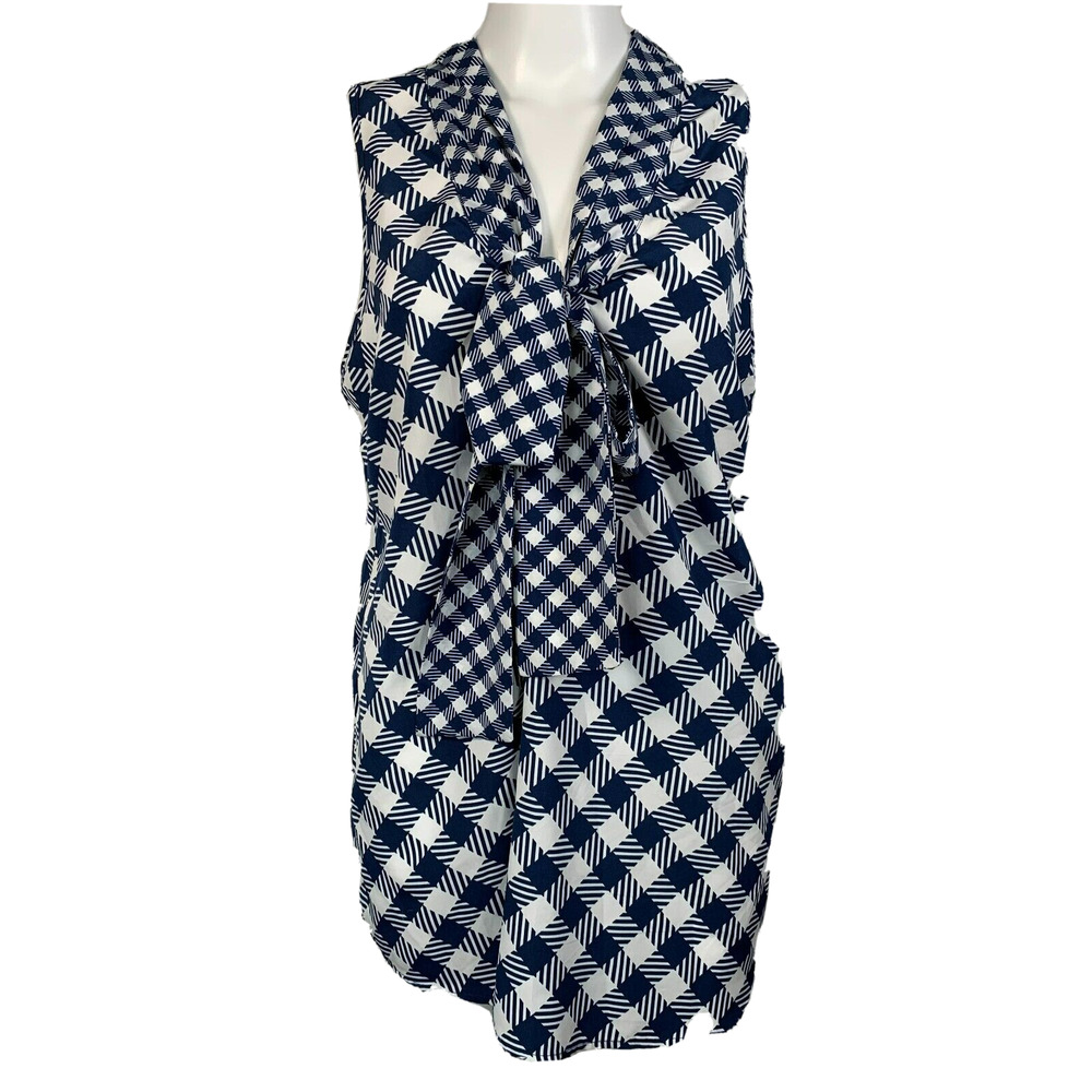 Mud Pie Shirt Womens Sz L 12-14 Navy White Check Tunic Blouse Sleeveless NeckTie